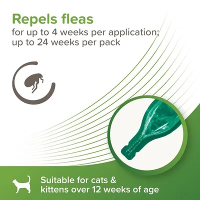 Repels fleas for up to 4 weeks per application, up to 24 weeks per pack. Suitable for cats and kittens over 12 weeks of age.