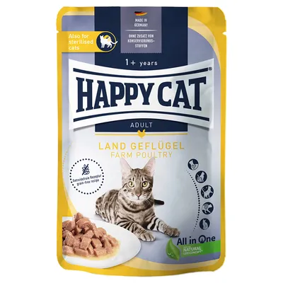 Happy Cat Adult Land Geflügel, wyprodukowana w Niemczech, dla wysterylizowanych kotów od 1 roku, bezzbożowa receptura, bez dodatku konserwantów.