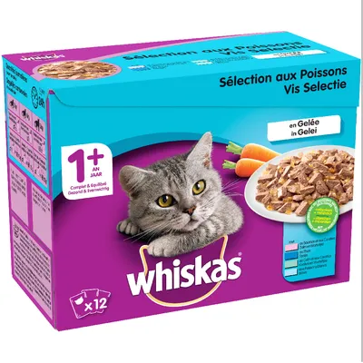 Ambalaj Whiskas Sélection aux Poissons, hrană umedă pentru pisici adulte 1+ an, 12 plicuri, cu imaginea unei pisici gri și a unui bol cu bucăți în jeleu. Text vizibil: en Gelée.