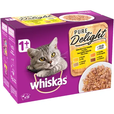 Ambalaj Whiskas Pure Delight, selecție carne de pasăre în gelatină, pentru pisici 1+ ani, 12 plicuri. Text vizibil: 'Pure Delight', 'whiskas', '1+ an', sortimente: pui, rață, curcan.
