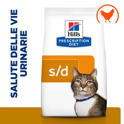 Hill's Prescription Diet s/d per gatti, scritta 'SALUTE DELLE VIE URINARIE', immagine di un gatto e simbolo arancione di pollo in alto a destra sulla confezione.