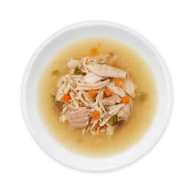 Bord met natvoer: stukjes vlees in bouillon met zichtbare stukjes wortel en groente.