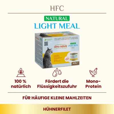 Almo Nature HFC Natural Light Meal mit Hühnerfilet, 100% natürlich, fördert Flüssigkeitszufuhr, Mono-Protein. Für häufige kleine Mahlzeiten. Packung mit 4x50g.