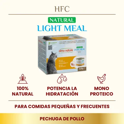 almo nature HFC Natural Light Meal pechuga de pollo, 4x50g. 100% natural, potencia la hidratación, monoproteico. Para comidas pequeñas y frecuentes.