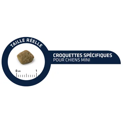 Taille réelle d’une croquette avec règle de 0 à 1 cm, texte : CROQUETTES SPÉCIFIQUES POUR CHIENS MINI