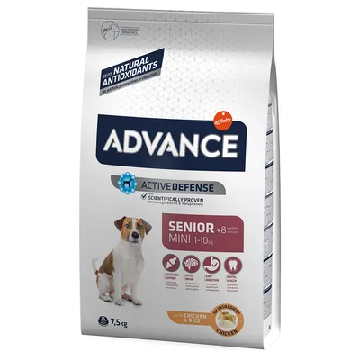 Advance Senior Mini 1–10 kg, +8 ans, 7,5 kg. Avec antioxydants naturels, poulet & riz, soutien articulaire, cerveau actif, digestion facile, santé dentaire. Marque affinity visible.