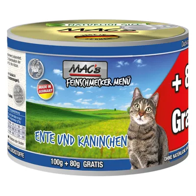 Conservă MAC's Feinschmecker Menü pentru pisici, text vizibil: Ente und Kaninchen, 100g + 80g gratis, Made in Germany, Grain Free, 70% Fleisch Fisch Anteil. Text în germană.