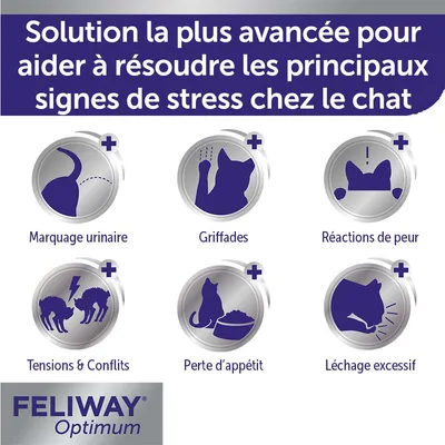 Solution la plus avancée pour aider à résoudre les principaux signes de stress chez le chat : marquage urinaire, griffades, réactions de peur, tensions et conflits, perte d’appétit, léchage excessif. FELIWAY Optimum.