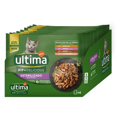 Ultima Fit & Delicious Sterilizado karma dla kotów, wybór z kurczakiem, indykiem, wołowiną, jagnięciną. Opakowanie 4 porcje, lekkostrawna, kontrola wagi.