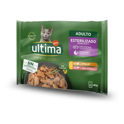 Affinity Ultima Fit & Delicious adulto esterilizado, en salsa, 2x pollo, 2x salmón, sin colorantes ni conservantes añadidos, pack de 4 sobres de 85 g.