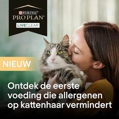 Purina Pro Plan LiveClear. NIEUW. Ontdek de eerste voeding die allergenen op kattenhaar vermindert.