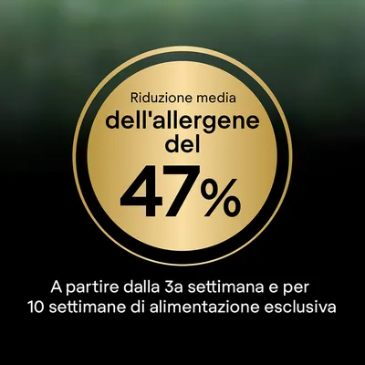 Riduzione media dell'allergene del 47%. A partire dalla 3a settimana e per 10 settimane di alimentazione esclusiva.