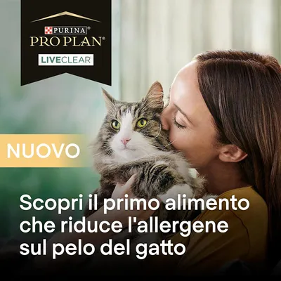 Purina Pro Plan LiveClear. Nuovo. Scopri il primo alimento che riduce l'allergene sul pelo del gatto.