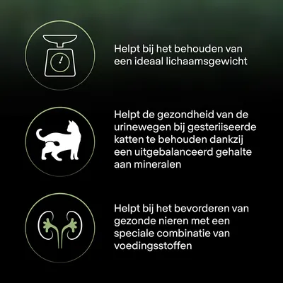 Helpt bij het behouden van een ideaal lichaamsgewicht, ondersteunt gezonde urinewegen bij gesteriliseerde katten en bevordert gezonde nieren met speciale voedingsstoffen.