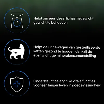 Helpt om een ideaal lichaamsgewicht te behouden. Helpt de urinewegen van gesteriliseerde katten gezond te houden dankzij de evenwichtige mineralensamenstelling. Ondersteunt vitale functies.