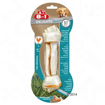 8in1 Delights pro dental osso masticabile con carne di pollo arrotolata, formula anti-placca, taglia L per cani oltre 20 kg, indicato 'chicken inside + minerals' sulla confezione