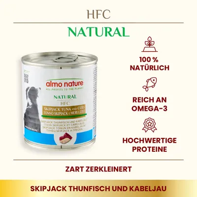 Almo Nature HFC Natural Skipjack Thunfisch und Kabeljau. 100% natürlich, reich an Omega-3, hochwertige Proteine. Zart zerkleinert.