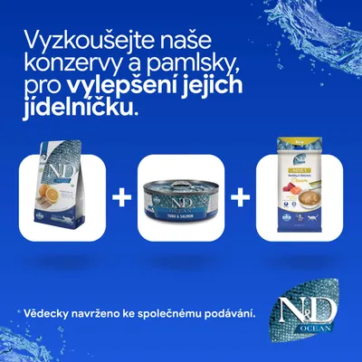ND Ocean granule, ND Ocean konzerva tuňák a losos, ND Ocean Adult Cream. Doporučeno pro zpestření jídelníčku. ND Ocean granule, ND Ocean konzerva tuňák a losos, ND Ocean Adult Cream. Doporučeno pro zpestření jídelníčku.