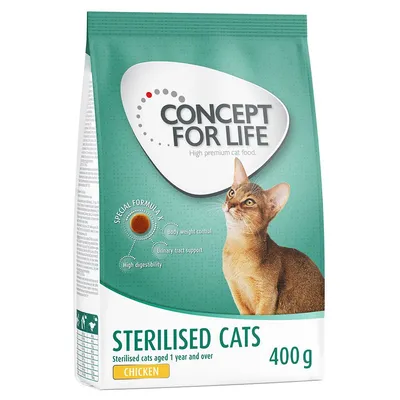 Concept for Life Sterilised Cats chicken, 400g. Special formula for body weight control, urinary tract support and high digestibility. For sterilised cats aged 1 year and over.