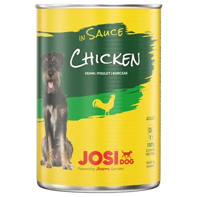 Консерва JosiDog In Sauce Chicken за кучета, изображение на куче и петел, текст: Huhn, Poulet, Kurczak, Adult, 100% Climate Neutral, Made in Germany, Powered by Josera Germany.
