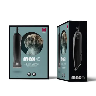 Moser max45 машинка за подстригване на животинска козина за големи кучета. Опаковката показва изображение на продукта и куче. Подходяща за професионална грижа за козината.