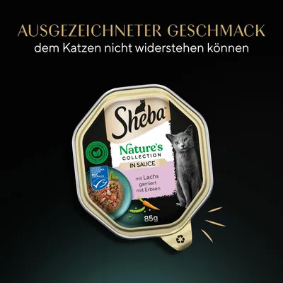 Sheba Nature's Collection in Sauce, mit Lachs garniert mit Erbsen, 85g. Ausgezeichneter Geschmack, dem Katzen nicht widerstehen können. Zertifiziert nachhaltig MSC.