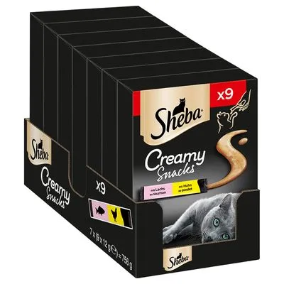 Sheba Creamy Snacks, x9, smaken: zalm en kip, verpakking met afbeelding van kat en hand die snack aanbiedt, 7x(9x12g)=756g zichtbaar op doos