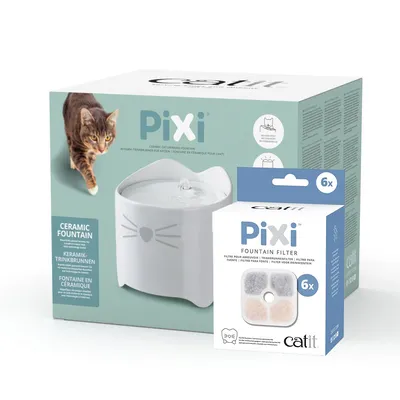 Fontaine en céramique pour chats Pixi Catit avec boîte de filtres Pixi Fountain Filter 6x, emballages visibles avec photos du produit et textes en anglais, allemand et français.