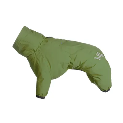 Grön hundjacka med reflekterande mönster på sidan, elastiska muddar och vattenavvisande material.