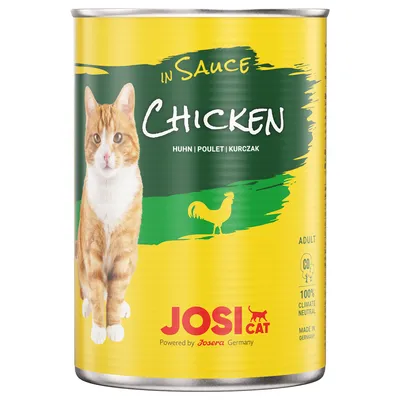 Konzerva JosiCat In Sauce Chicken, obrázek kočky, text Huhn Poulet Kurczak, 100% Climate Neutral, Powered by Josera Germany, Made in Germany, pro dospělé kočky.