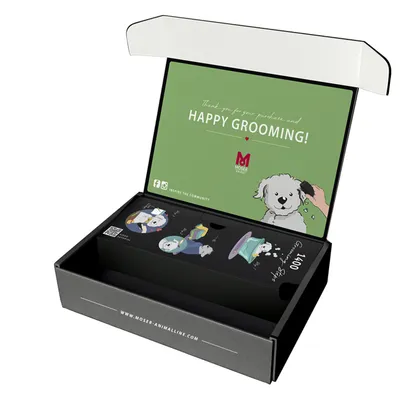 Moser AnimalLine Verpackung mit Text 'Thank you for your purchase and Happy Grooming!' und Illustration eines Hundes beim Scheren. Website: www.moser-animalline.com.