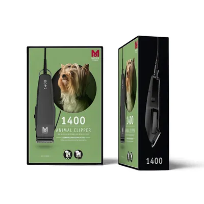 Moser 1400 Tierhaarschneidemaschine für kleine Hunde und Katzen. Verpackung zeigt Produktbild und Hund. Made in Germany.