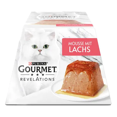 Purina Gourmet Revelations mousse com salmão. Embalagem mostra um gato branco e uma mousse de salmão num prato.