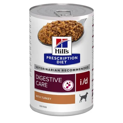 Hill's Prescription Diet Digestive Care i/d con tacchino, cibo umido per cani. Testo visibile: VETERINARIAN RECOMMENDED, ACTIVBIOME, DOG FOOD.