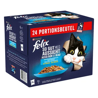 Purina Felix So gut wie es aussieht, 24 saszetki porcji. Widoczny kot i miska karmy na opakowaniu. Smaki: łosoś, dorsz, tuńczyk, sola. Tekst w języku niemieckim i francuskim.