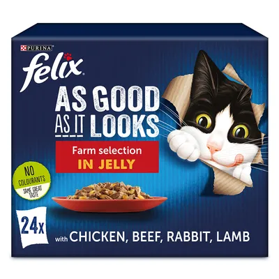 Purina Felix As Good As It Looks Farm selection in jelly, 24x z kurczakiem, wołowiną, królikiem, jagnięciną. Brak barwników. Opakowanie z kotem i miską karmy.