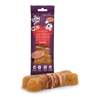 Lucky Jim tyggeben af ost og kollagen med bacon, indeholder naturlige kollagenbyggesten, højt proteinindhold, laktosefri, uden kunstige tilsætningsstoffer, Made in Germany. Lucky Jim tyggeben af ost og kollagen med bacon, indeholder naturlige kollagenbyggesten, højt proteinindhold, laktosefri, uden kunstige tilsætningsstoffer, Made in Germany.
