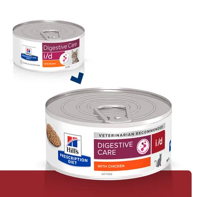 Hill's Prescription Diet Digestive Care i/d with Chicken -kissanruokapurkki, etiketeissä tekstit: VETERINARIAN RECOMMENDED, ACTIVEBIOME+, CAT FOOD, kuva kissasta ja kananlihapala.