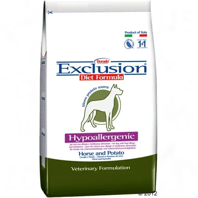 Dorado Exclusion Diet Formula Hypoallergenic Horse and Potato, mono protein source, Veterinary Formulation. Produkt från Italien. Text på engelska synlig på förpackningen.