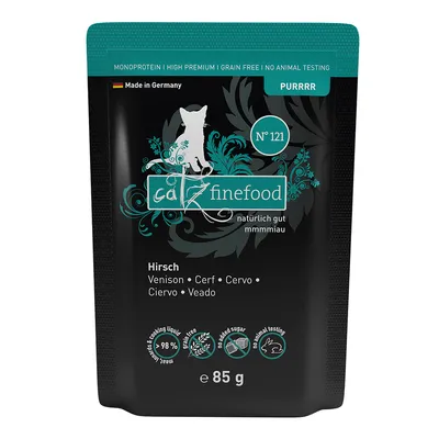 catz finefood Nr. 121 Hirsch, Monoprotein, High Premium, Getreidefrei, ohne Tierversuche, Made in Germany, 85g, ohne Zuckerzusatz, 98% Fleischanteil in Kochsud.
