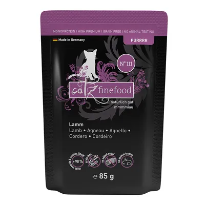 catz finefood Nr. 111, lammas, 85g. Monoproteiini, High Premium, viljaton, ei eläinkokeita, valmistettu Saksassa, ilman lisättyä sokeria, 98 % lihapitoisuus.