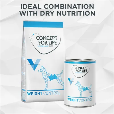 CONCEPT FOR LIFE VETERINARY DIET WEIGHT CONTROL, sacco e lattina con cane stilizzato blu. Testo visibile: IDEAL COMBINATION WITH DRY NUTRITION.