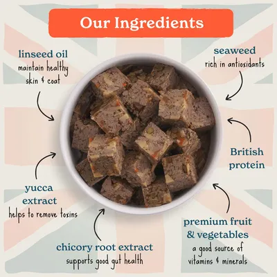 Image showing key ingredients: linseed oil for healthy skin and coat, seaweed rich in antioxidants, British protein, premium fruit and vegetables, chicory root extract, yucca extract.