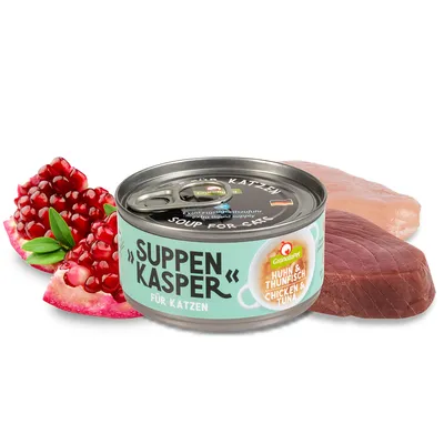 Консерва GranataPet SuppenKasper для кошек, видна надпись: Huhn & Thunfisch Chicken & Tuna, рядом куски тунца, курицы и гранат.