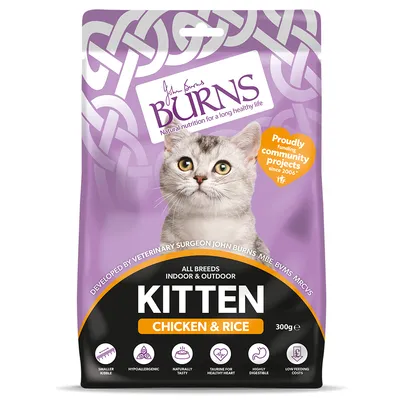Kitten chicken and rice food, 300g. Features: smaller kibble, hypoallergenic, naturally tasty, taurine for healthy heart, highly digestible, low feeding costs. For all breeds.