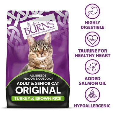 Adult and senior cat food with turkey and brown rice. Features: highly digestible, taurine for healthy heart, added salmon oil, hypoallergenic.