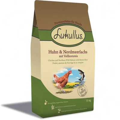 Opakowanie karmy Lukullus dla psów, Huhn & NordmeerLachs mit Vollkornreis, 15 kg. Widoczne ilustracje kury i łososia oraz tekst w języku niemieckim i angielskim.