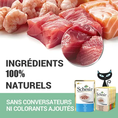 Schesir. Ingrédients 100 % naturels. Sans conservateurs ni colorants ajoutés. Sachets de nourriture pour chat avec morceaux de poisson et crevettes visibles.
