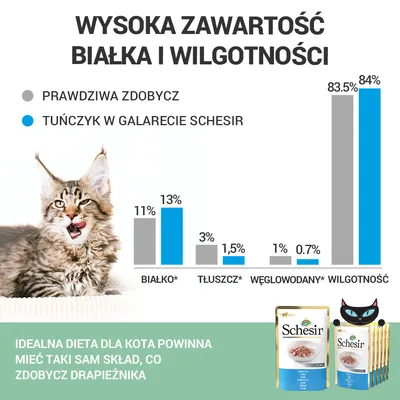 Porównanie składu: białko 11%/13%, tłuszcz 3%/1,5%, węglowodany 1%/0,7%, wilgotność 83,5%/84%. Schesir tuńczyk w galarecie vs prawdziwa zdobycz. Widoczne opakowania Schesir.