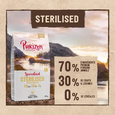 Purizon Specialised Sterilised Chicken with Fish pour chats adultes, 6,5 kg. 70 % d’ingrédients premium d’origine animale, 30 % de fruits et légumes, 0 % de céréales.